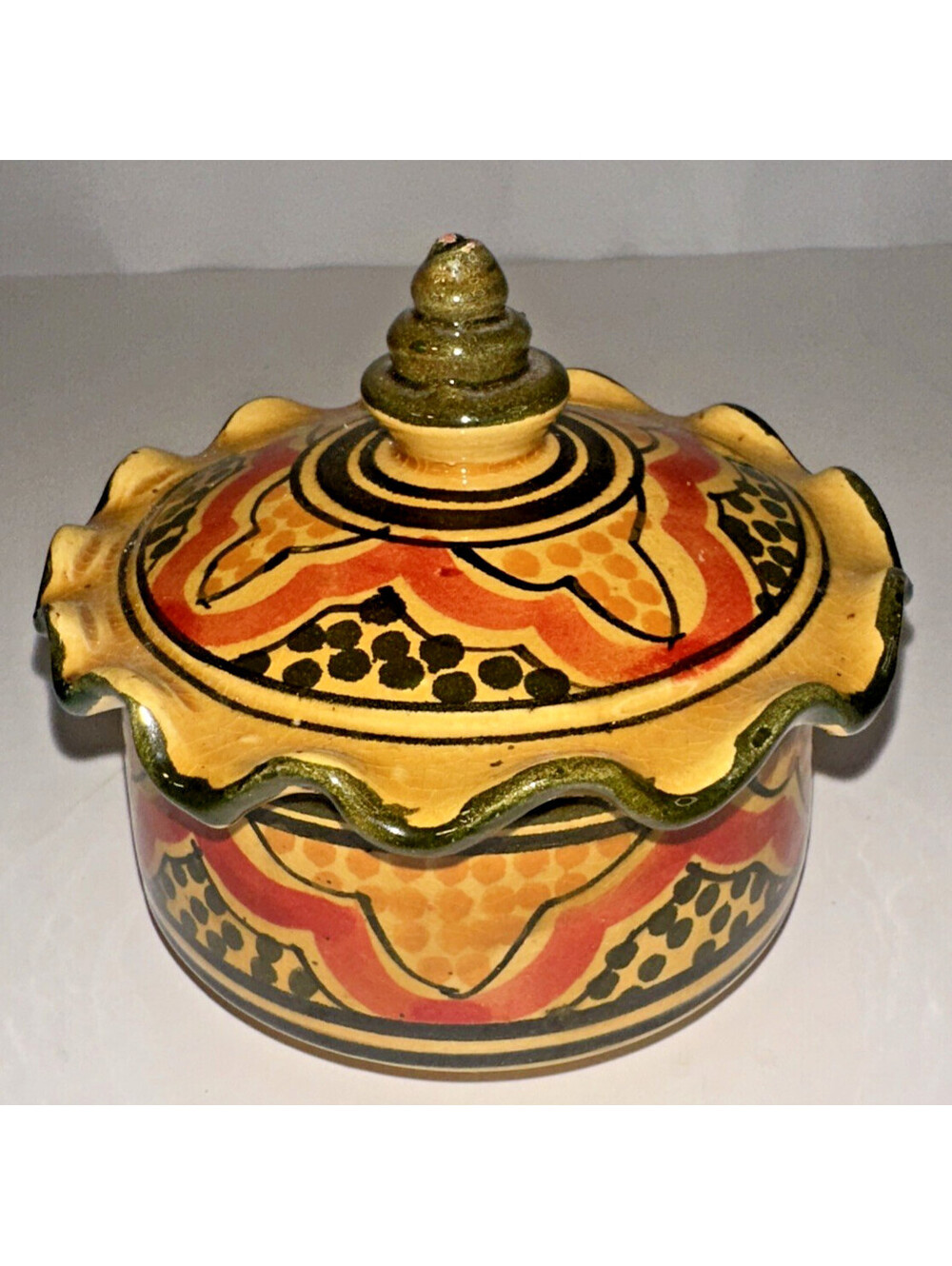 Hand Made Pottery Jar With Ruffled Lid Hand Painted Mustard Olive Green 4” High